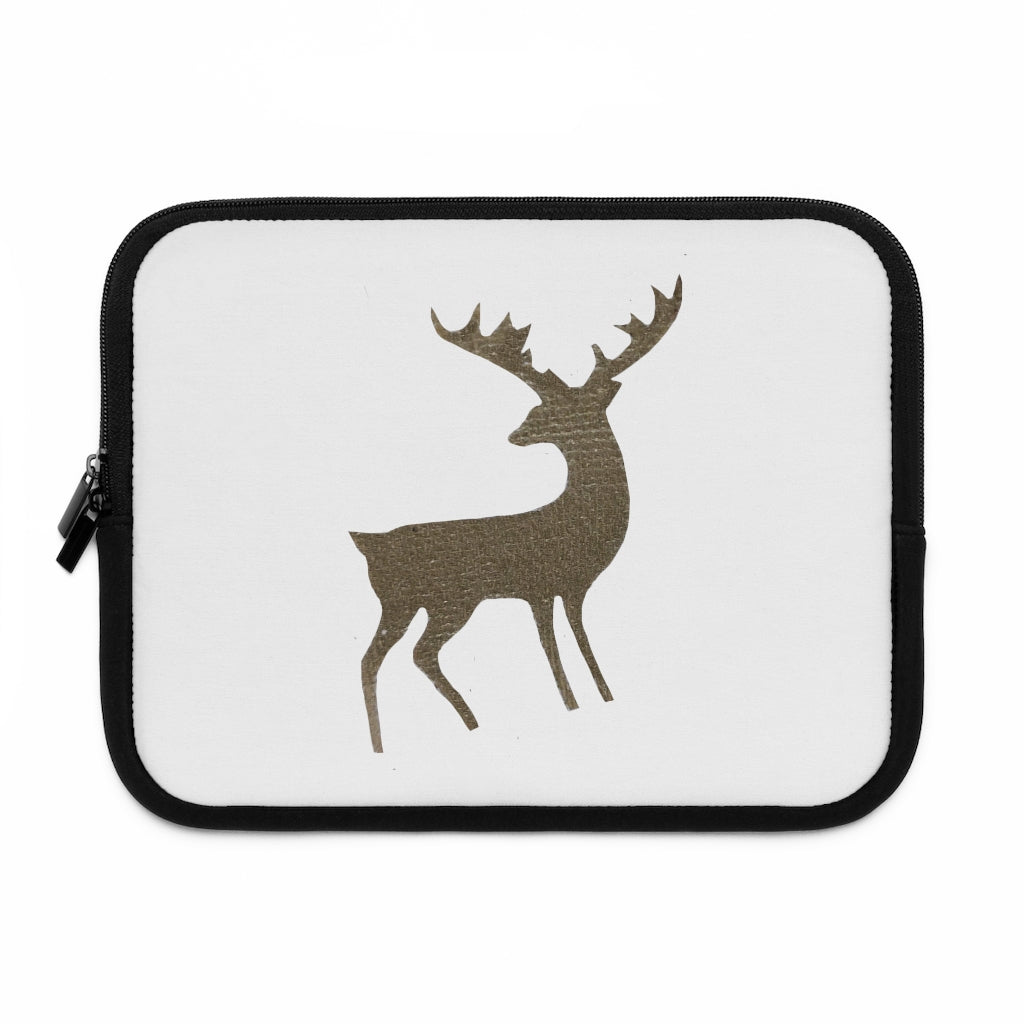 Golden Deer Laptop Sleeve featuring a customizable front design and solid black back, made from water-resistant neoprene material.