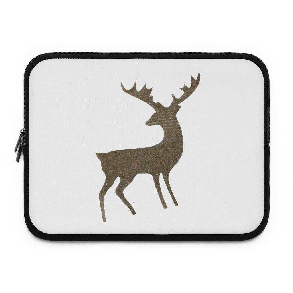 Golden Deer Laptop Sleeve featuring a customizable front design and solid black back, made from water-resistant neoprene material.