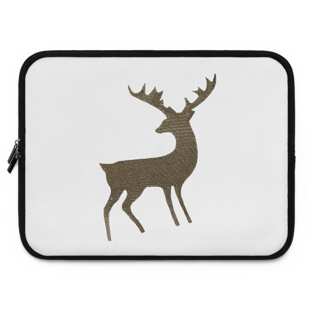 Golden Deer Laptop Sleeve featuring a customizable front design and solid black back, made from water-resistant neoprene material.