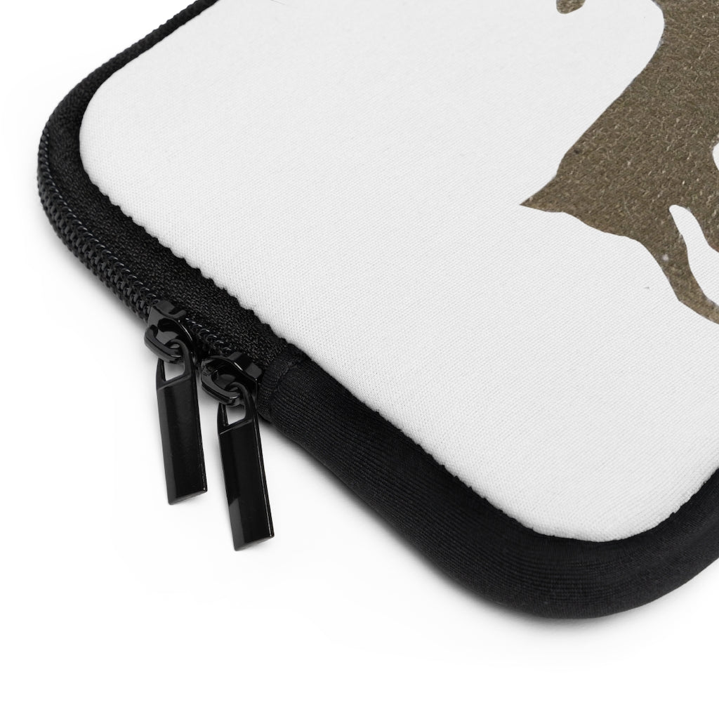 Golden Deer Laptop Sleeve featuring a customizable front design and solid black back, made from water-resistant neoprene material.