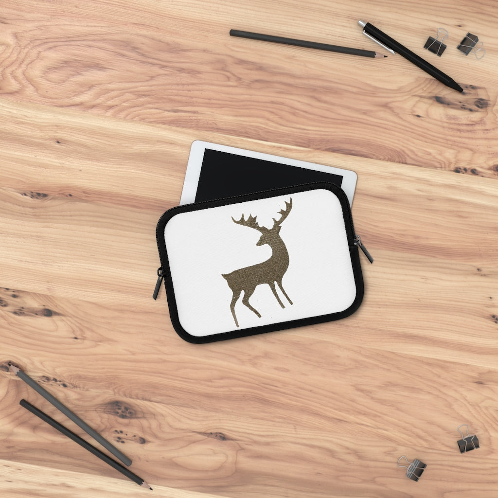 Golden Deer Laptop Sleeve featuring a customizable front design and solid black back, made from water-resistant neoprene material.