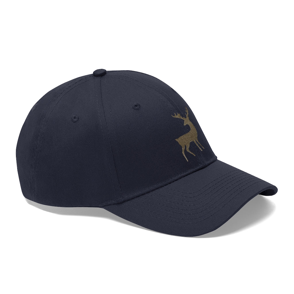 Golden Deer Unisex Twill Hat in cotton twill with adjustable Velcro closure, perfect for outdoor activities.