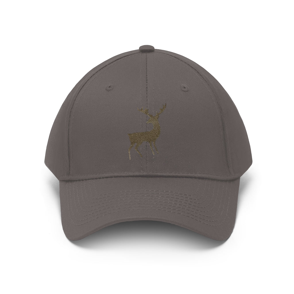 Golden Deer Unisex Twill Hat in cotton twill with adjustable Velcro closure, perfect for outdoor activities.