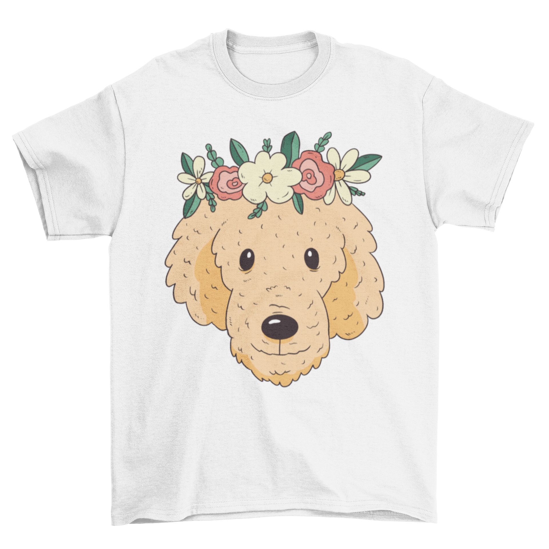 A stylish golden dog t-shirt featuring a golden retriever with a flower crown, perfect for dog lovers.