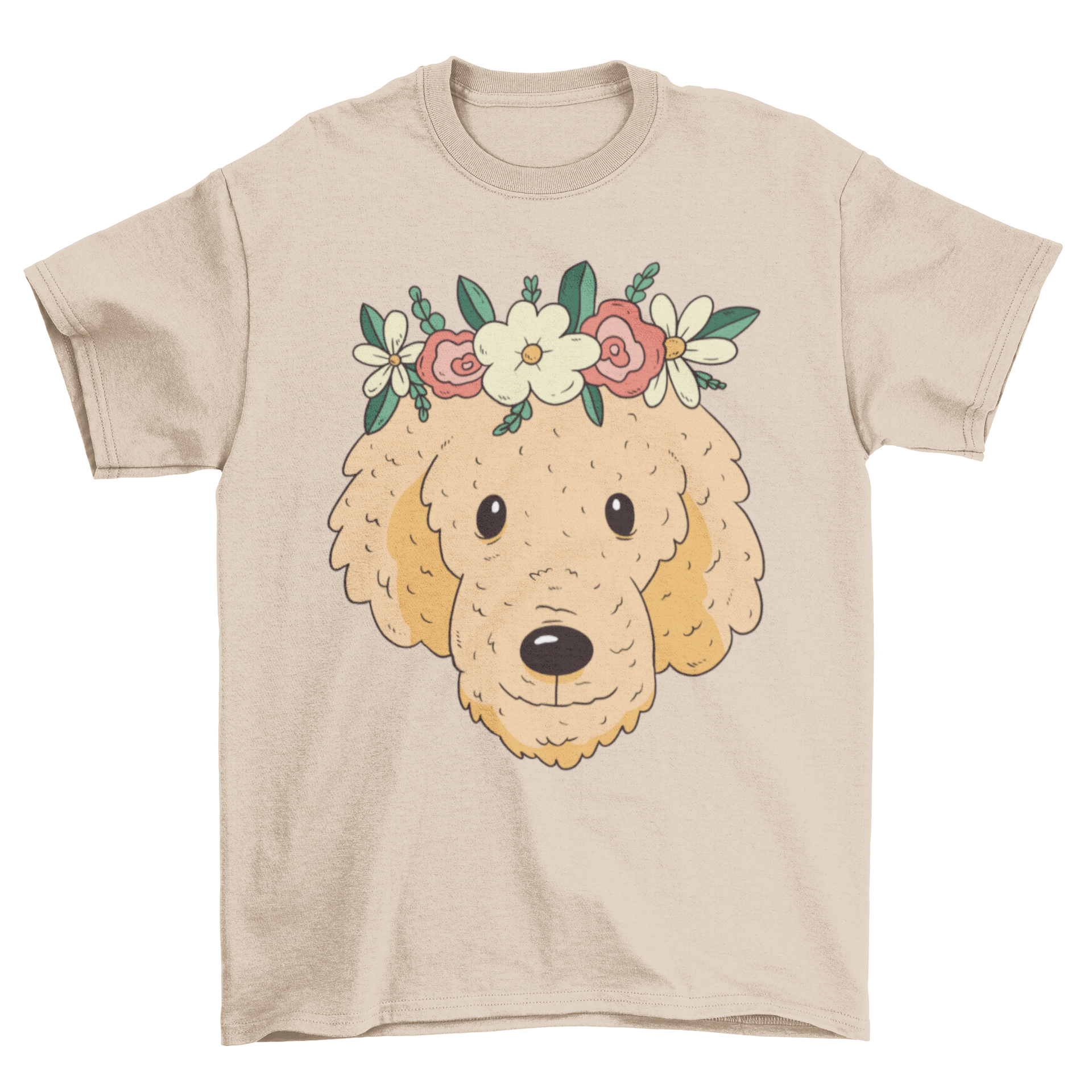 A stylish golden dog t-shirt featuring a golden retriever with a flower crown, perfect for dog lovers.