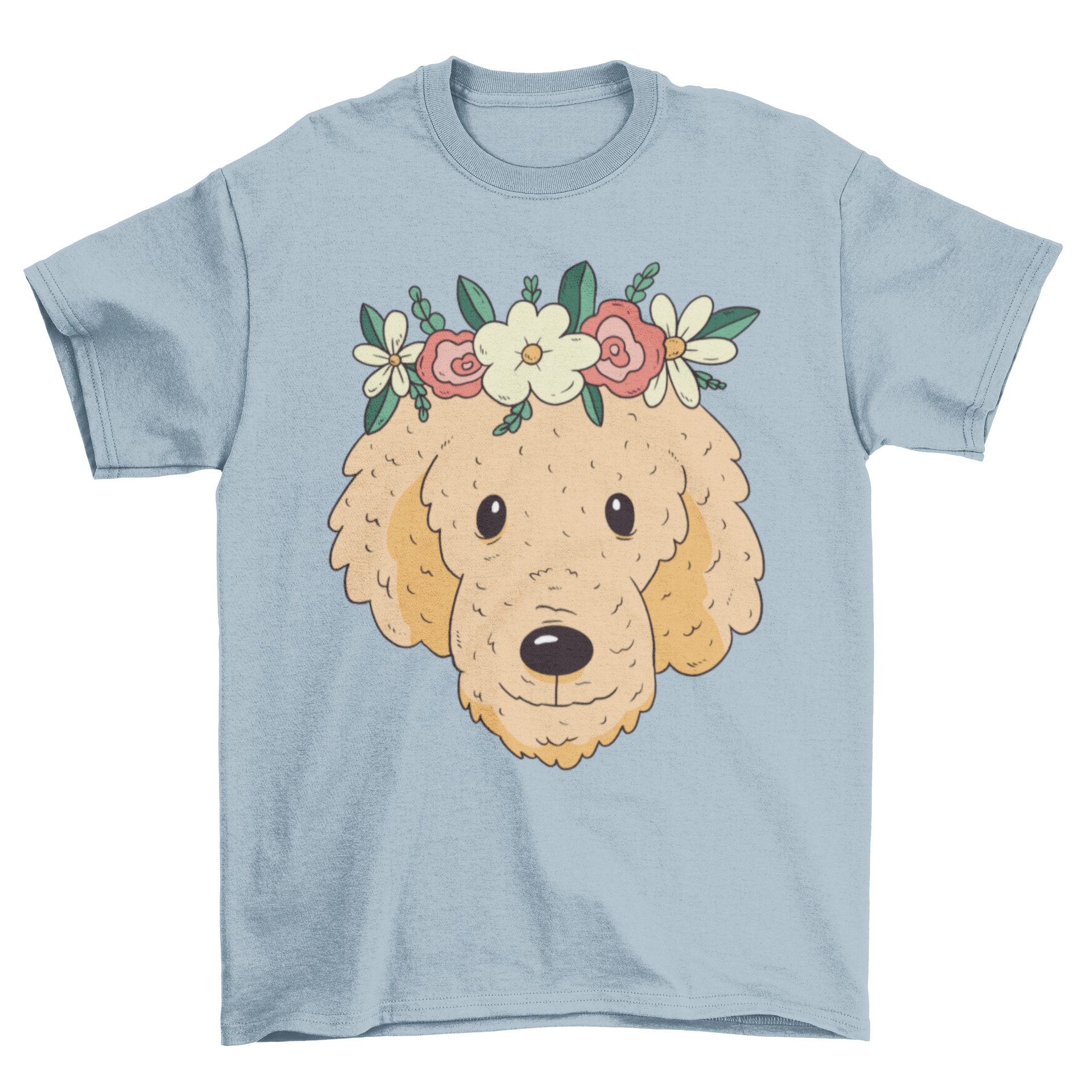 A stylish golden dog t-shirt featuring a golden retriever with a flower crown, perfect for dog lovers.