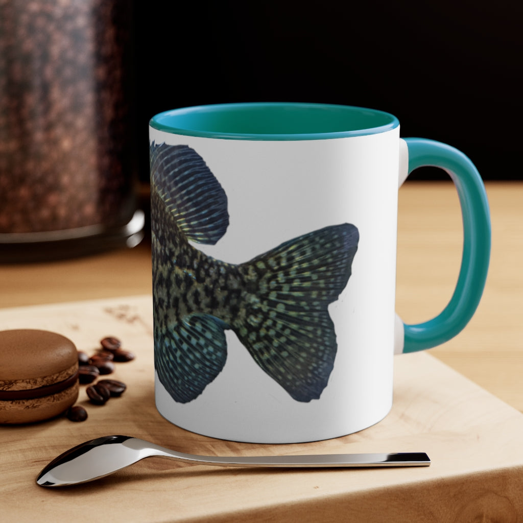 Golden Fish 11oz Accent Mug featuring a white ceramic body with a colored interior and handle, perfect for personalized designs.