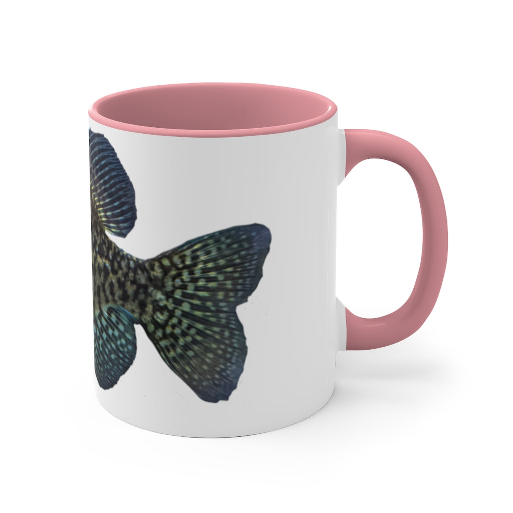 Golden Fish 11oz Accent Mug featuring a white ceramic body with a colored interior and handle, perfect for personalized designs.