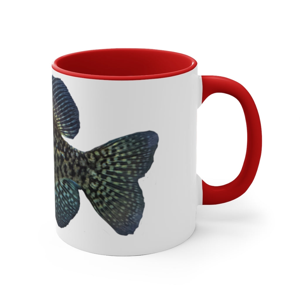 Golden Fish 11oz Accent Mug featuring a white ceramic body with a colored interior and handle, perfect for personalized designs.