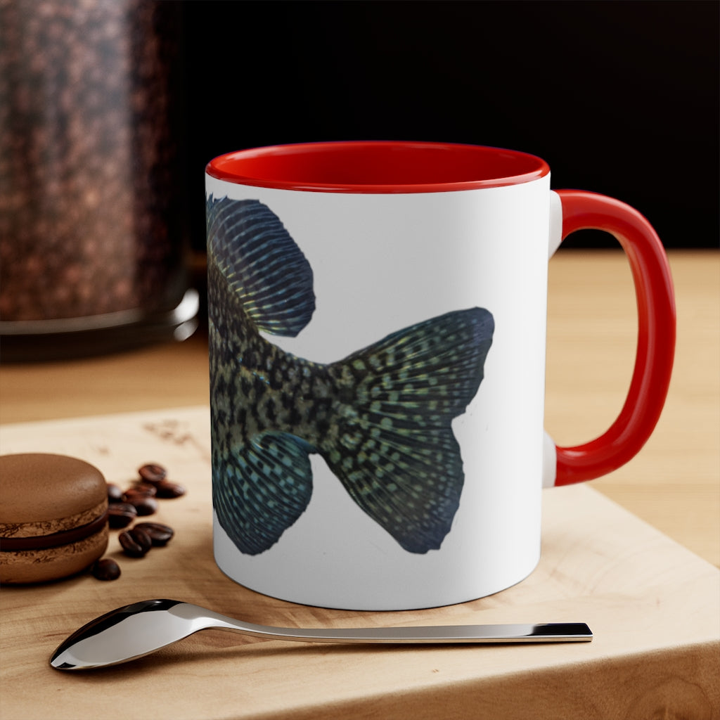 Golden Fish 11oz Accent Mug featuring a white ceramic body with a colored interior and handle, perfect for personalized designs.