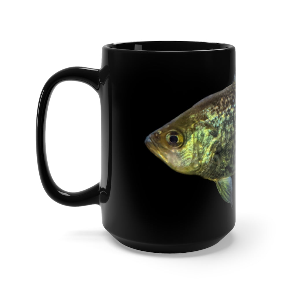 Golden Fish Black Mug 15oz with a sleek black finish and rounded corners, featuring a comfortable C-handle.