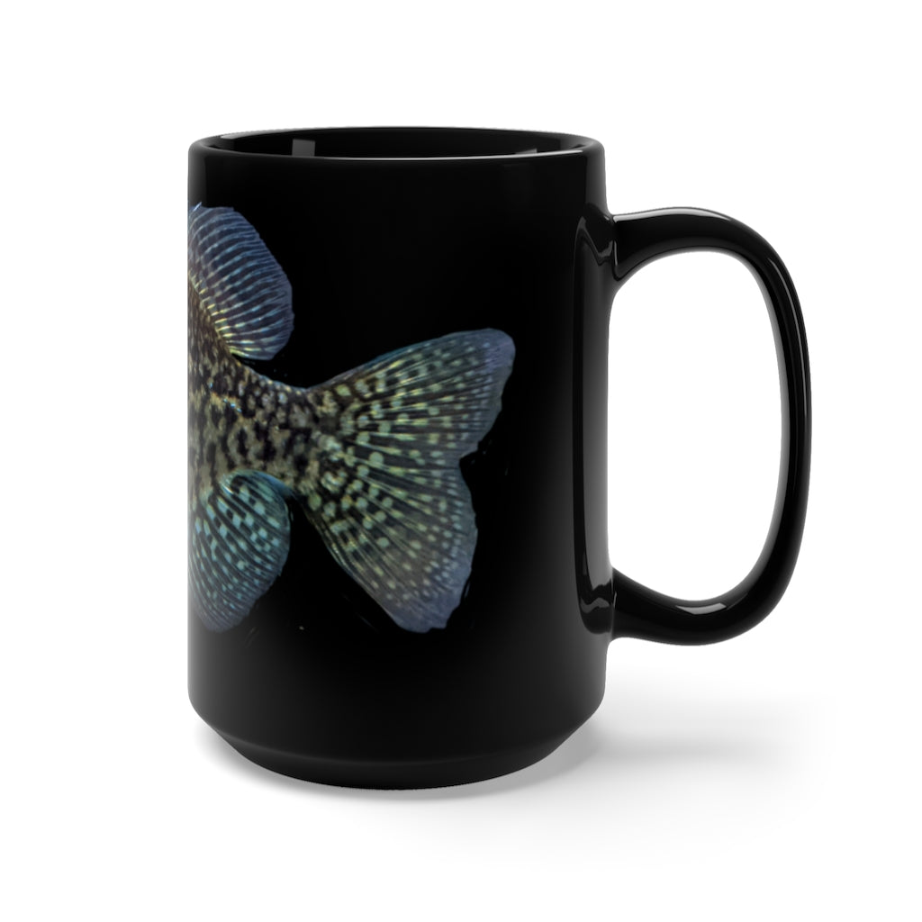 Golden Fish Black Mug 15oz with a sleek black finish and rounded corners, featuring a comfortable C-handle.