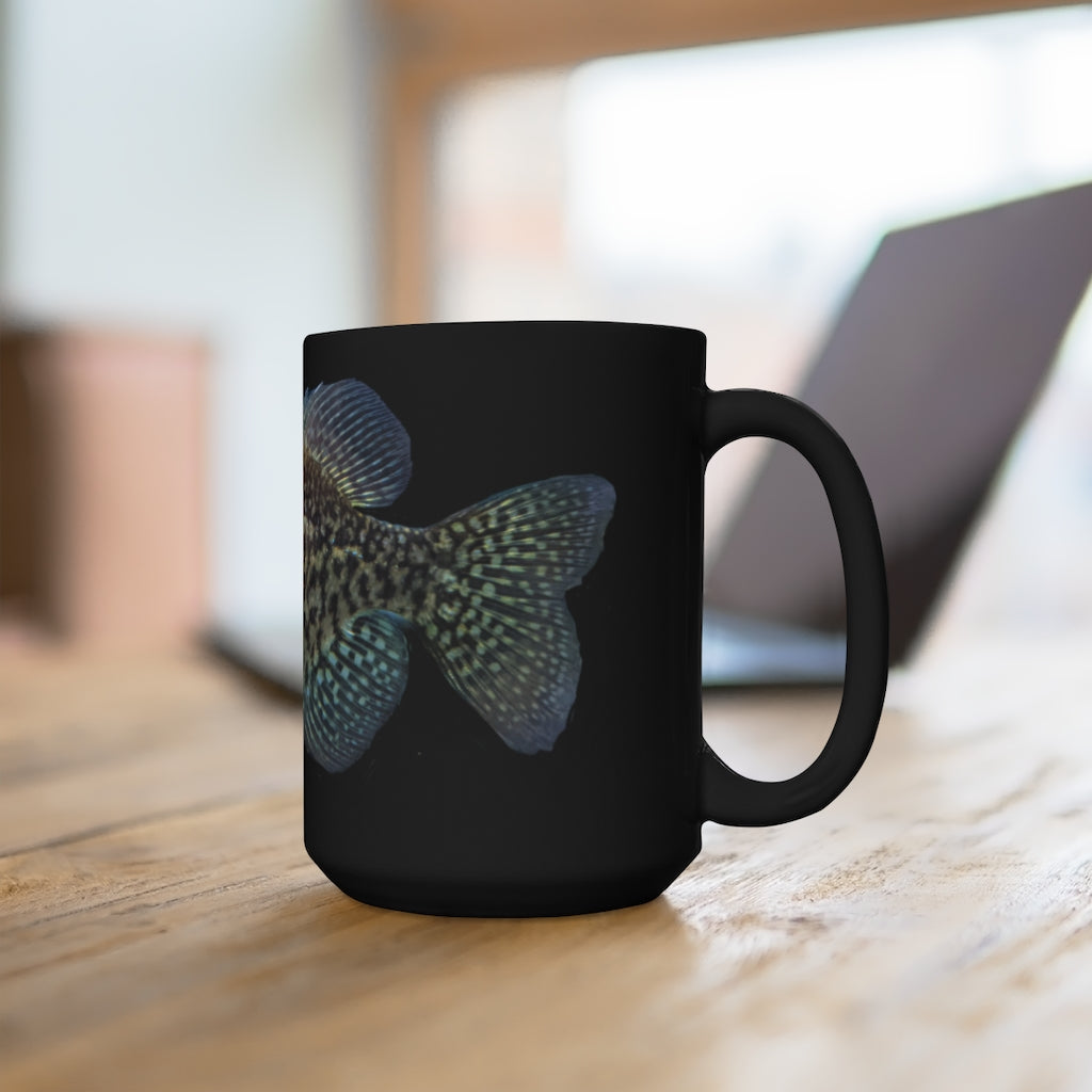 Golden Fish Black Mug 15oz with a sleek black finish and rounded corners, featuring a comfortable C-handle.