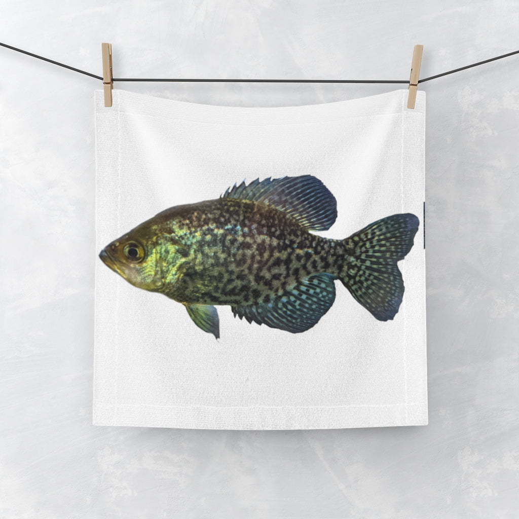 Golden Fish Face Towel featuring a customizable polyester front and soft cotton back, ideal for bathroom use.