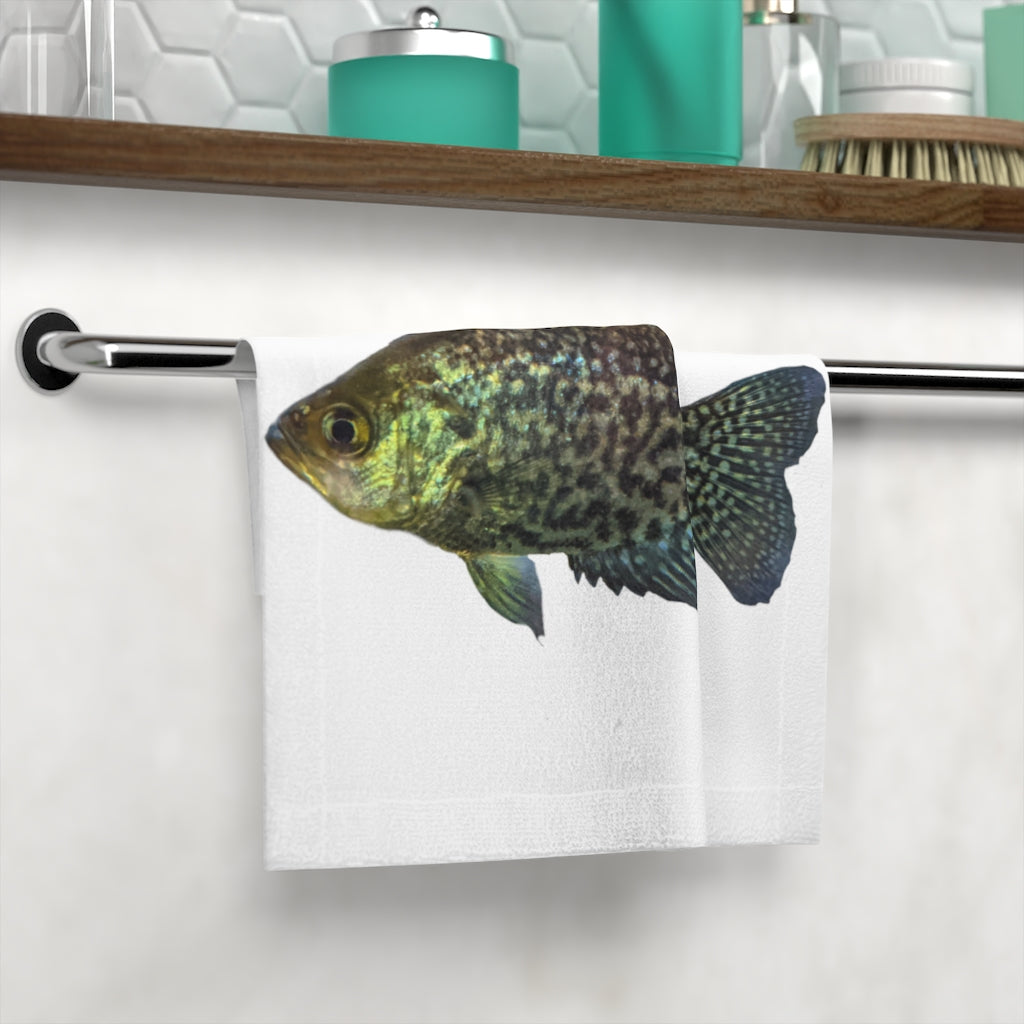 Golden Fish Face Towel featuring a customizable polyester front and soft cotton back, ideal for bathroom use.