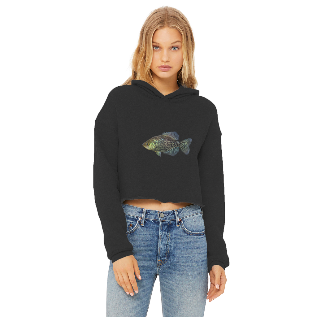 Golden Fish Ladies Cropped Raw Edge Hoodie in various colors, showcasing its stylish design and raw edge hem.