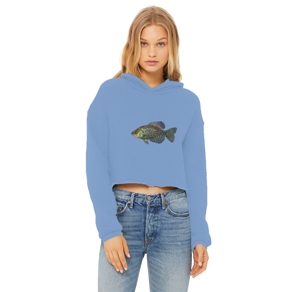 Golden Fish Ladies Cropped Raw Edge Hoodie in various colors, showcasing its stylish design and raw edge hem.