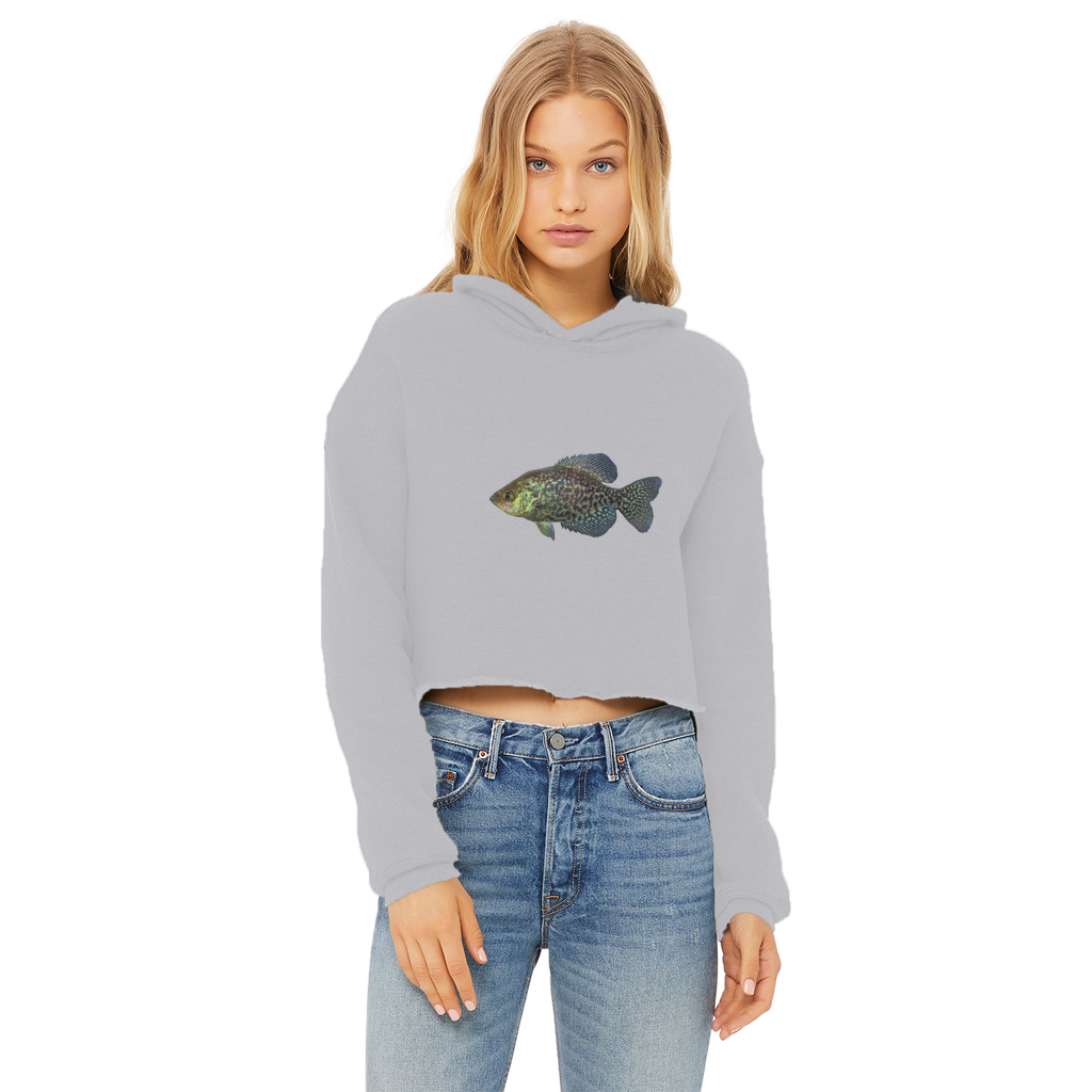 Golden Fish Ladies Cropped Raw Edge Hoodie in various colors, showcasing its stylish design and raw edge hem.