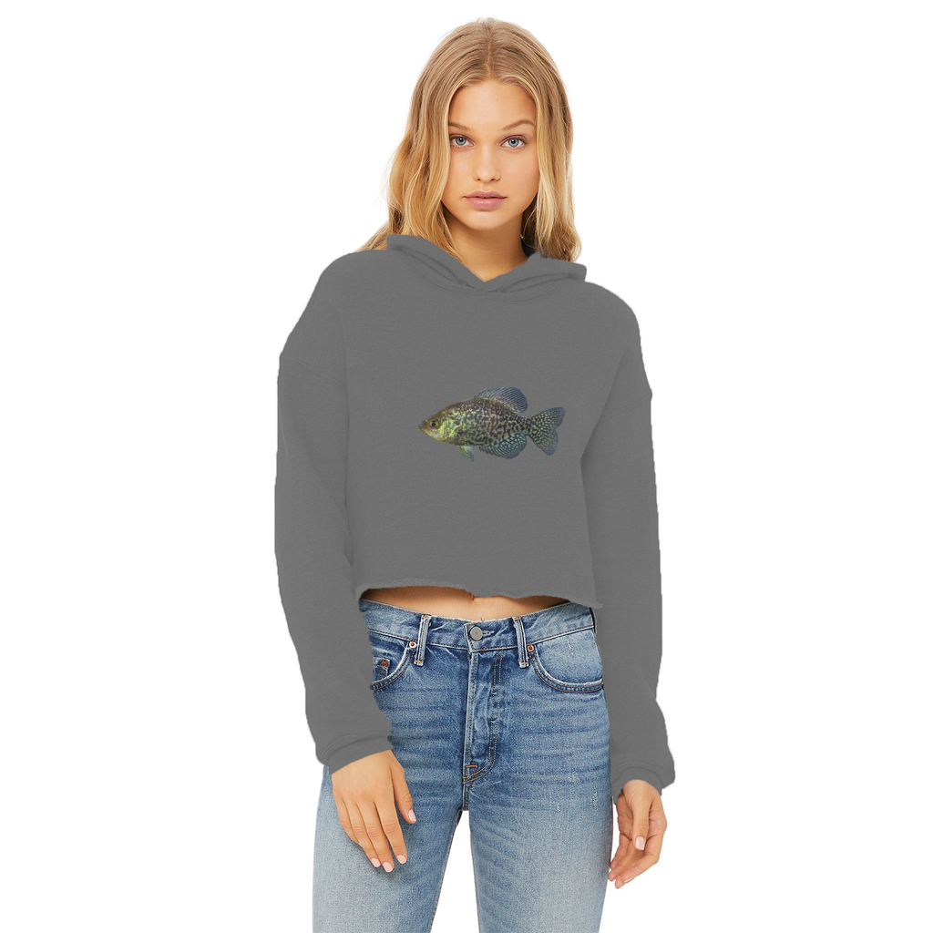 Golden Fish Ladies Cropped Raw Edge Hoodie in various colors, showcasing its stylish design and raw edge hem.