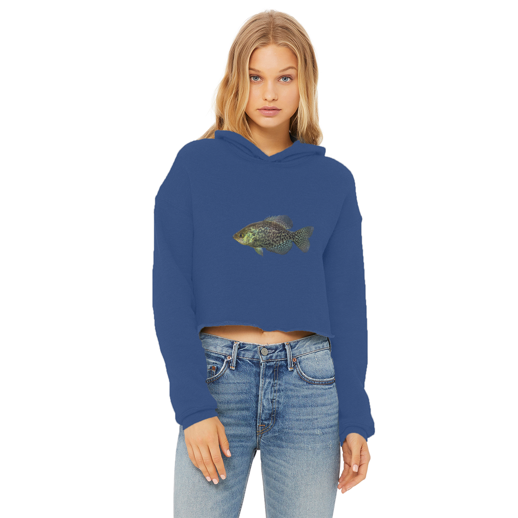 Golden Fish Ladies Cropped Raw Edge Hoodie in various colors, showcasing its stylish design and raw edge hem.