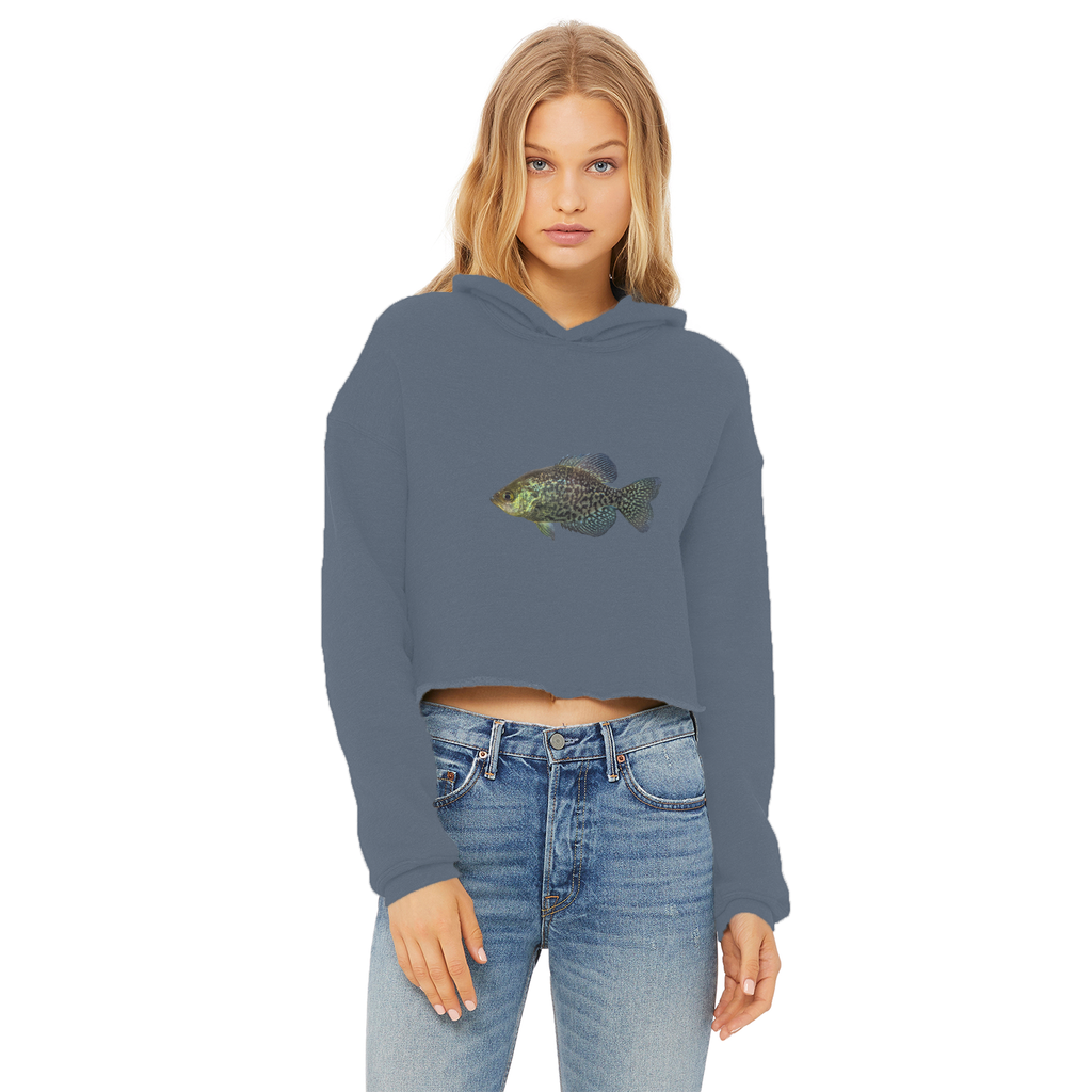 Golden Fish Ladies Cropped Raw Edge Hoodie in various colors, showcasing its stylish design and raw edge hem.