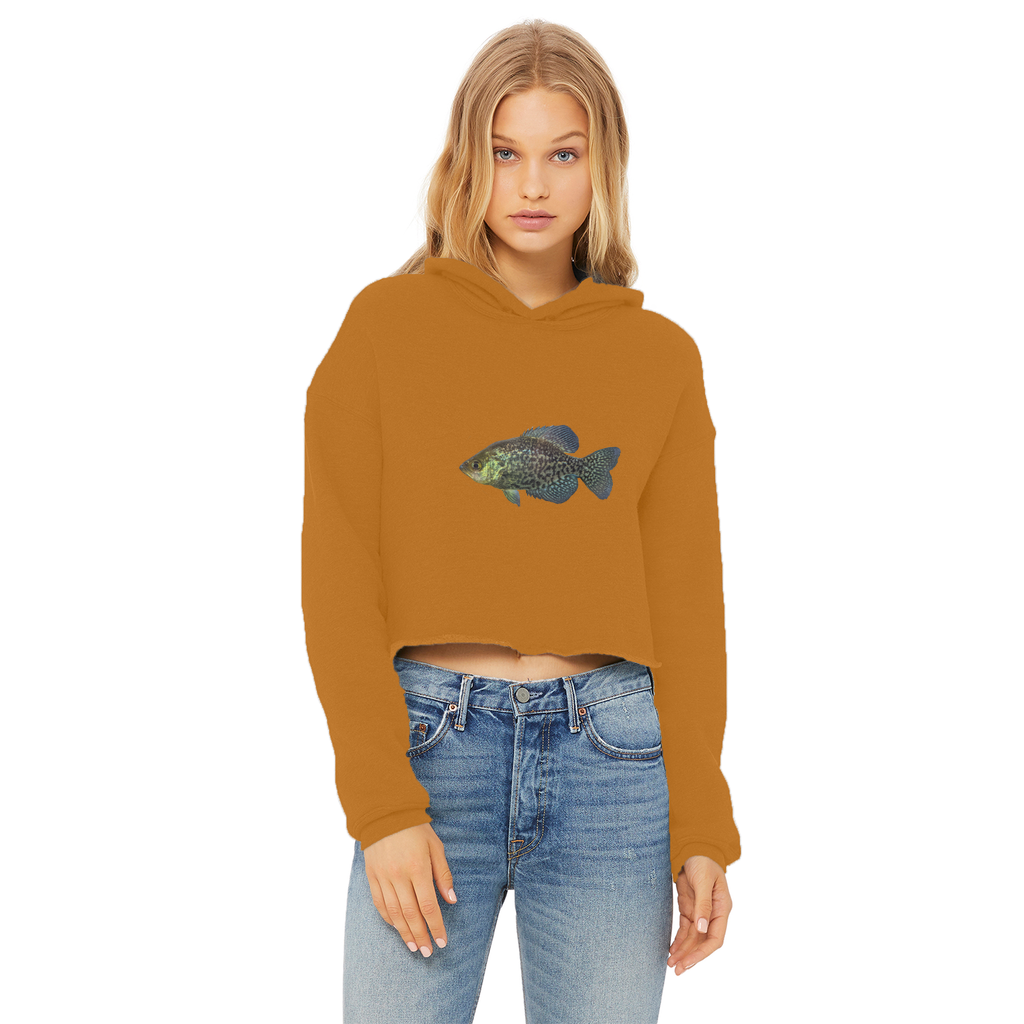 Golden Fish Ladies Cropped Raw Edge Hoodie in various colors, showcasing its stylish design and raw edge hem.