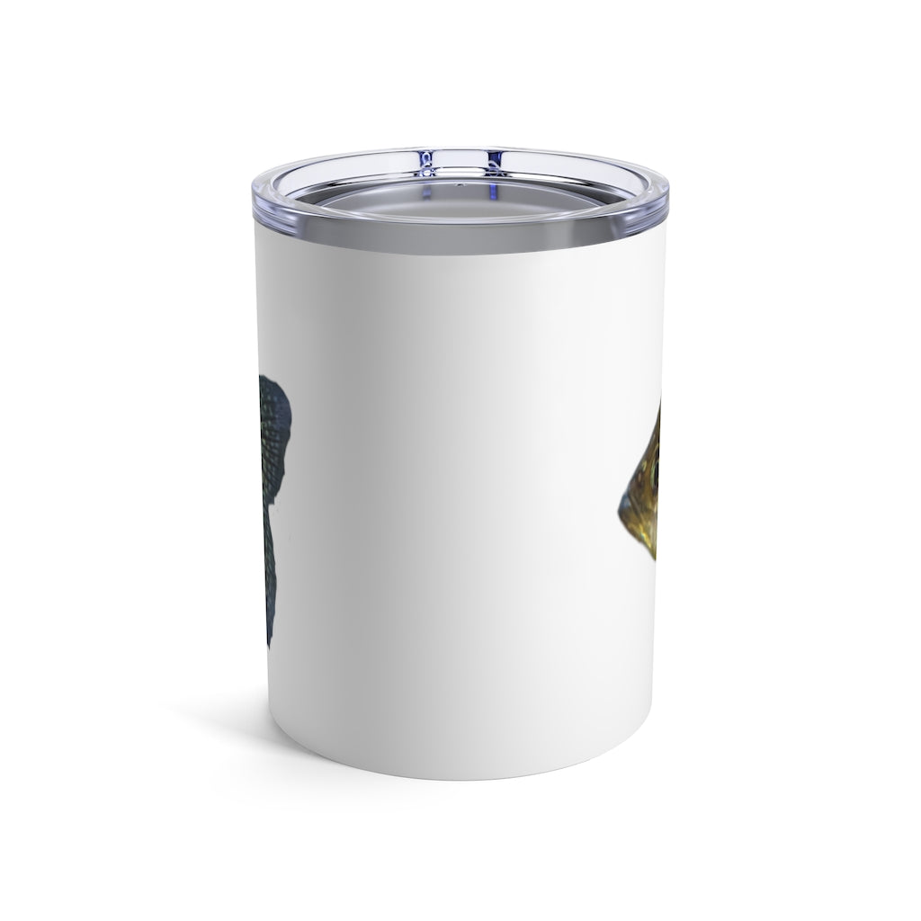 Golden Fish Tumbler 10oz made of stainless steel with a see-thru plastic lid, showcasing a stylish design.