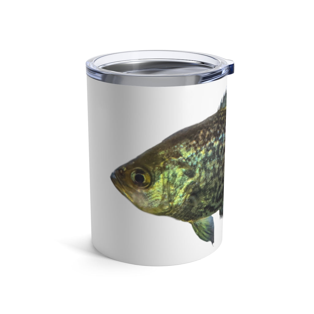 Golden Fish Tumbler 10oz made of stainless steel with a see-thru plastic lid, showcasing a stylish design.