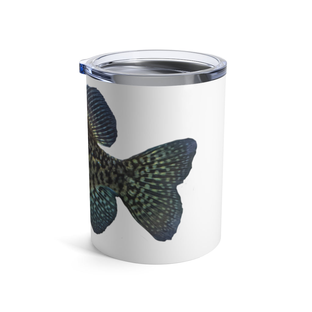 Golden Fish Tumbler 10oz made of stainless steel with a see-thru plastic lid, showcasing a stylish design.