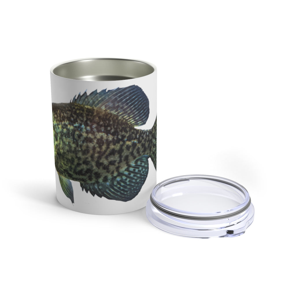 Golden Fish Tumbler 10oz made of stainless steel with a see-thru plastic lid, showcasing a stylish design.