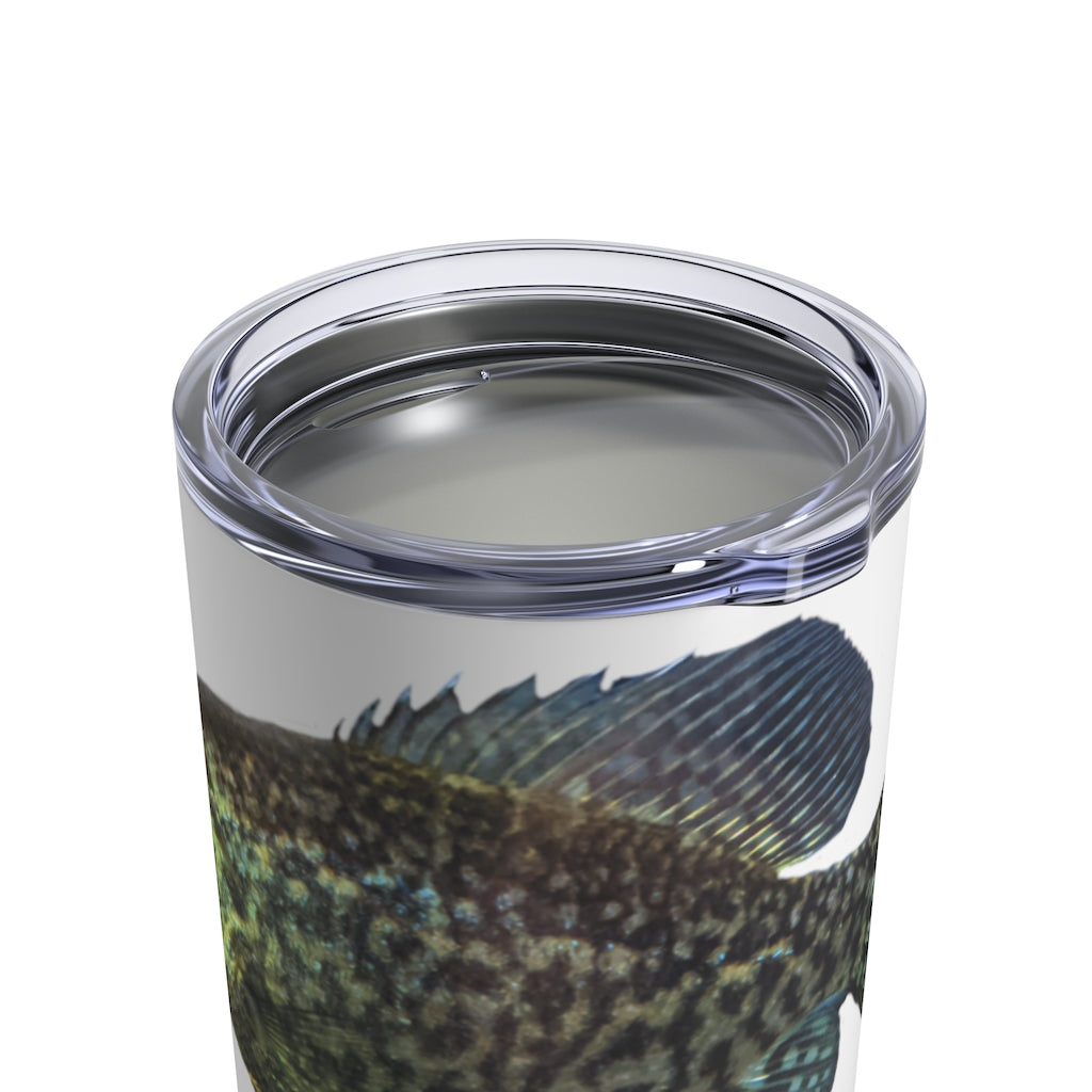 Golden Fish Tumbler 10oz made of stainless steel with a see-thru plastic lid, showcasing a stylish design.