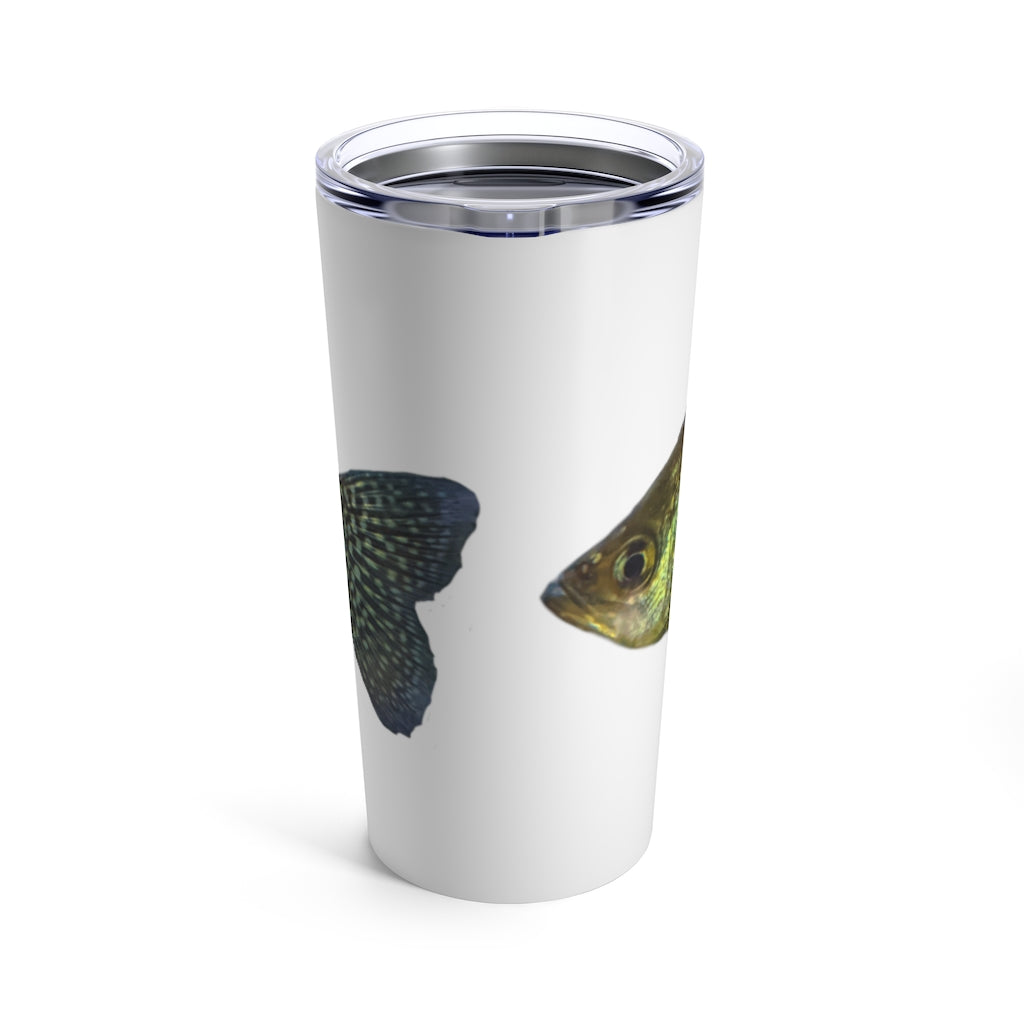 Golden Fish Tumbler 20oz in stainless steel with a golden fish design and a see-thru plastic lid, perfect for travel and outdoor use.