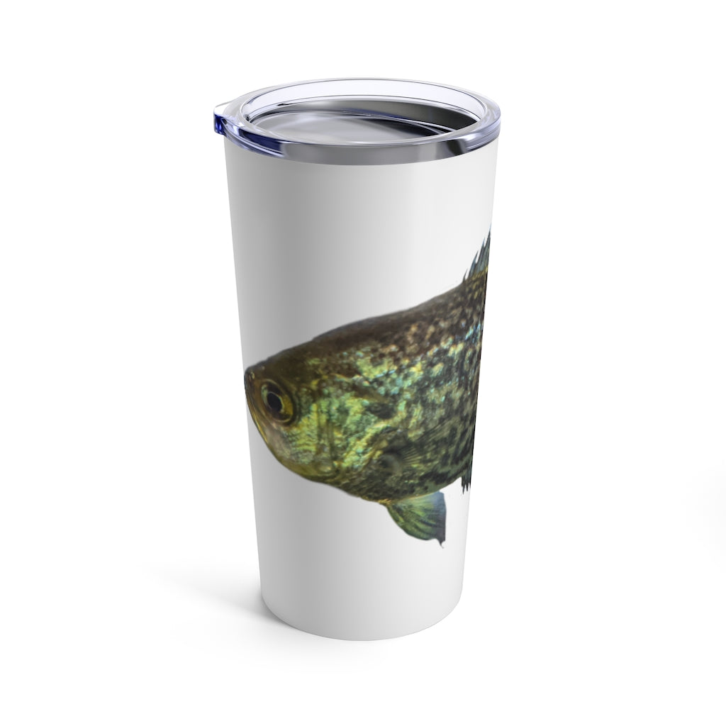 Golden Fish Tumbler 20oz in stainless steel with a golden fish design and a see-thru plastic lid, perfect for travel and outdoor use.