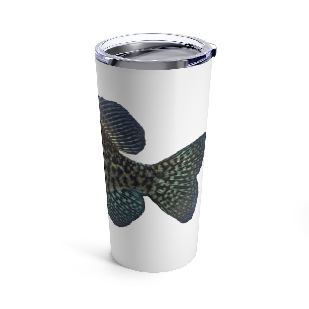 Golden Fish Tumbler 20oz in stainless steel with a golden fish design and a see-thru plastic lid, perfect for travel and outdoor use.