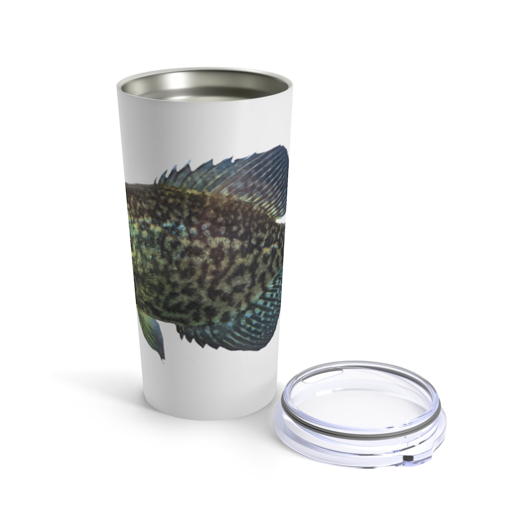 Golden Fish Tumbler 20oz in stainless steel with a golden fish design and a see-thru plastic lid, perfect for travel and outdoor use.