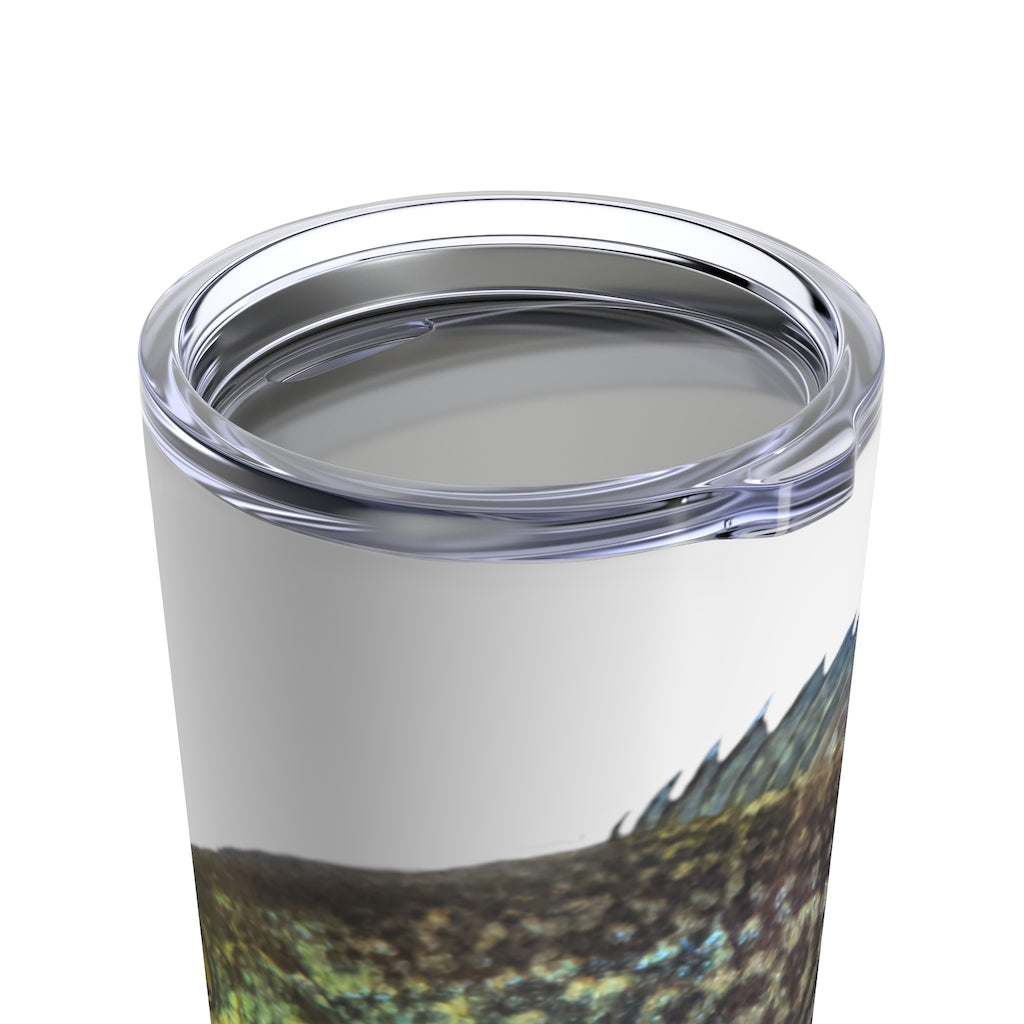 Golden Fish Tumbler 20oz in stainless steel with a golden fish design and a see-thru plastic lid, perfect for travel and outdoor use.