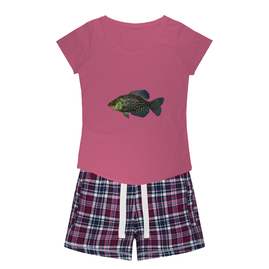 Golden Fish Women's Sleepy Tee and Flannel Short set featuring a relaxed fit T-shirt and colorful flannel shorts, perfect for cozy nights.