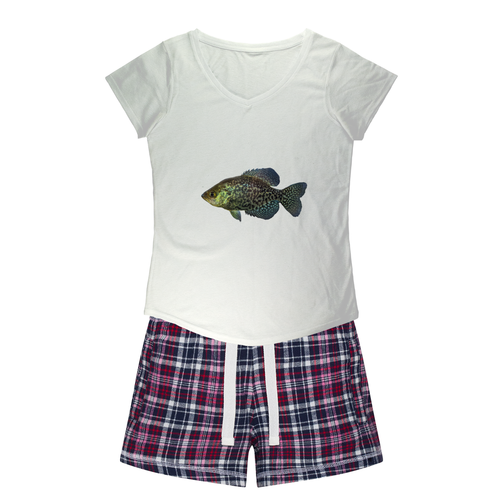 Golden Fish Women's Sleepy Tee and Flannel Short set featuring a relaxed fit T-shirt and colorful flannel shorts, perfect for cozy nights.