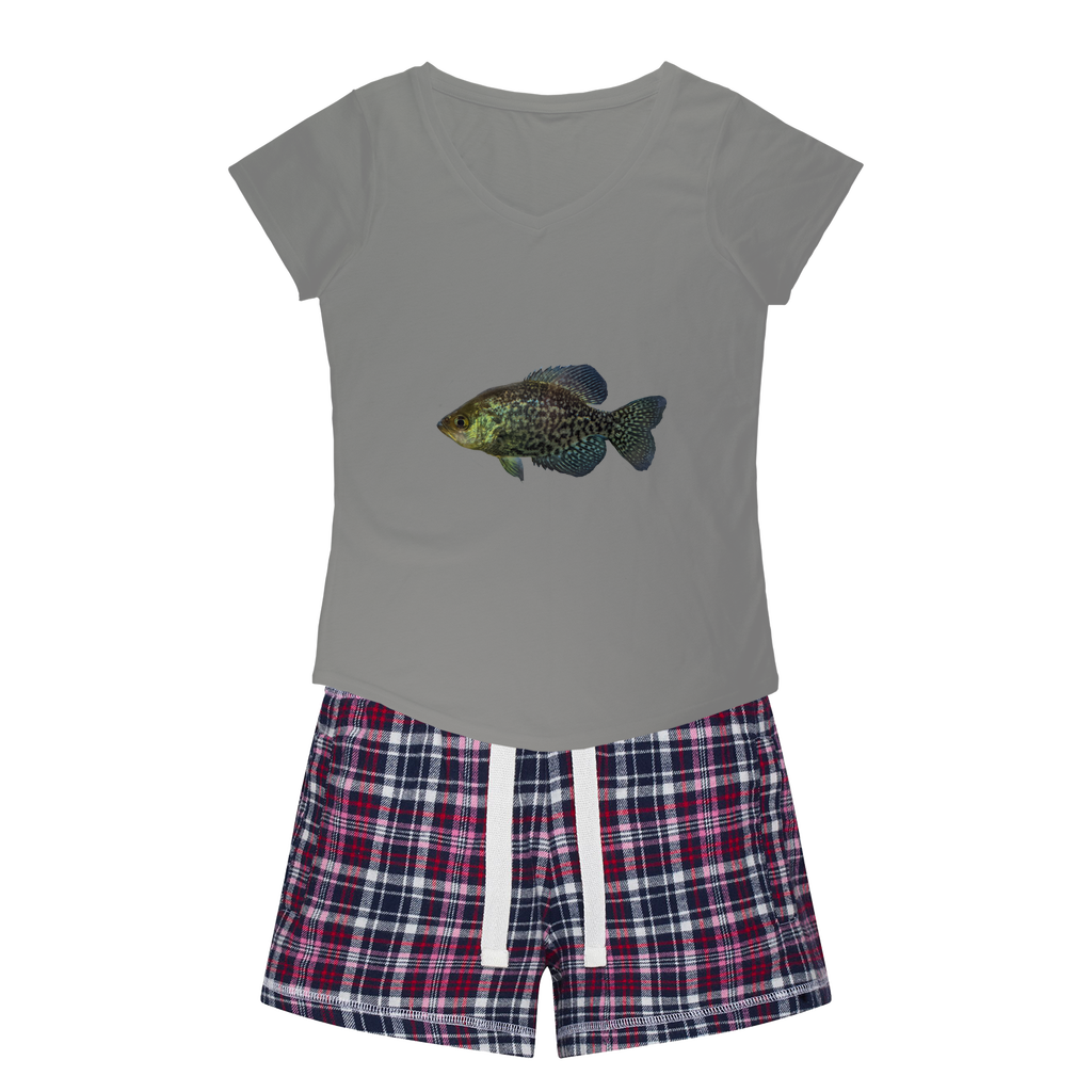 Golden Fish Women's Sleepy Tee and Flannel Short set featuring a relaxed fit T-shirt and colorful flannel shorts, perfect for cozy nights.