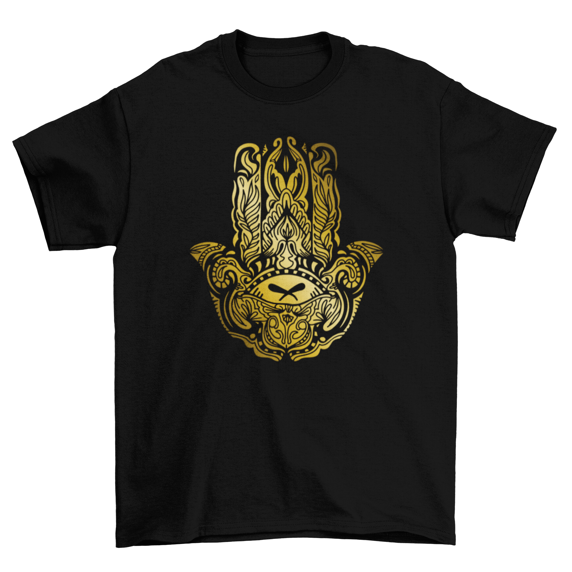 Golden Hamsa hand t-shirt featuring an intricate design on a soft fabric.