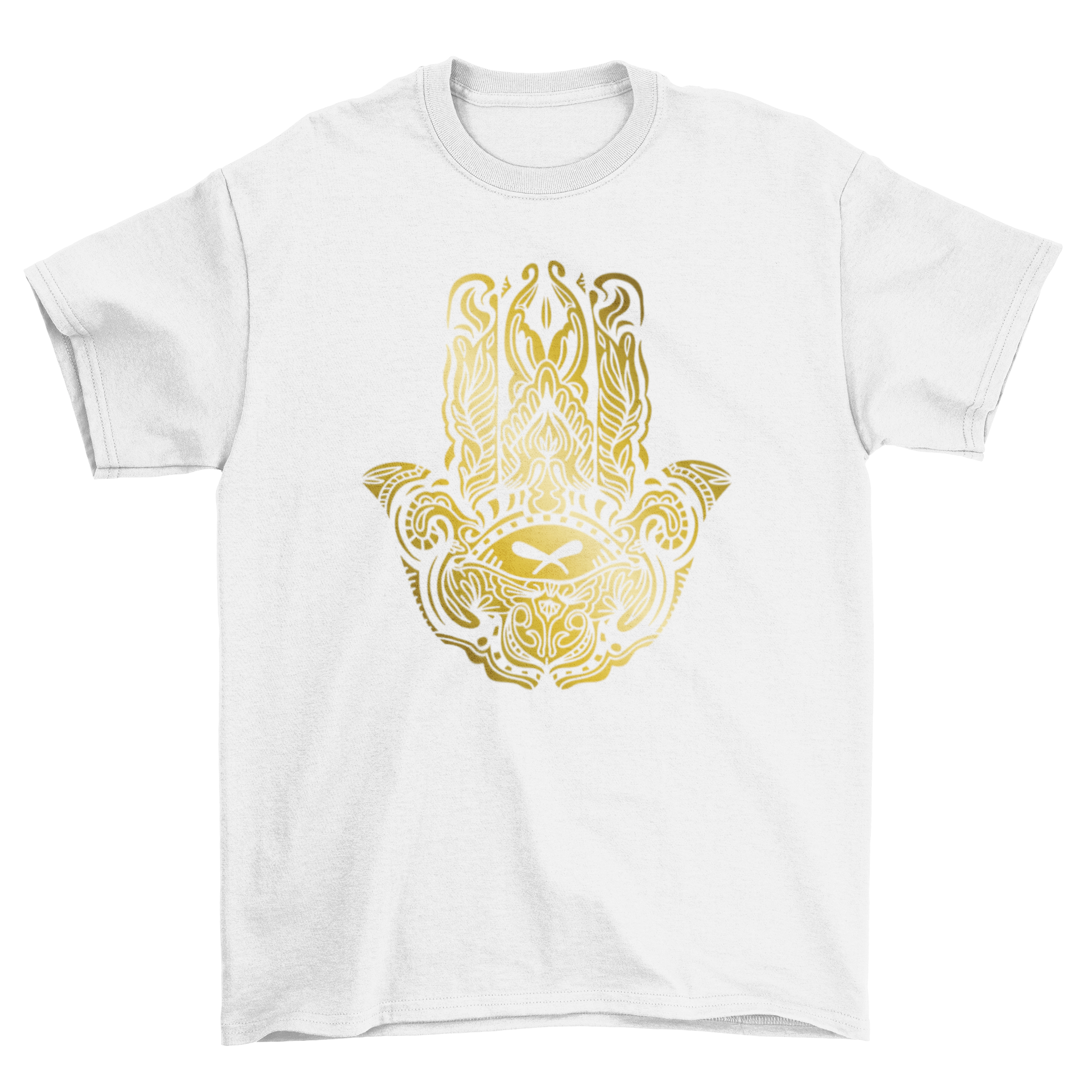 Golden Hamsa hand t-shirt featuring an intricate design on a soft fabric.