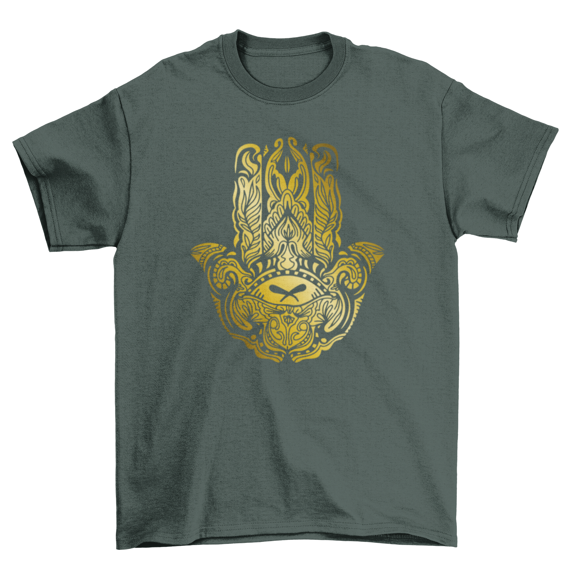 Golden Hamsa hand t-shirt featuring an intricate design on a soft fabric.