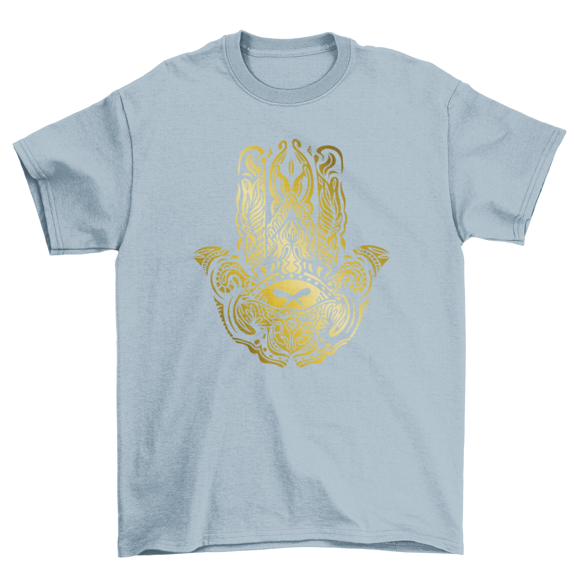 Golden Hamsa hand t-shirt featuring an intricate design on a soft fabric.