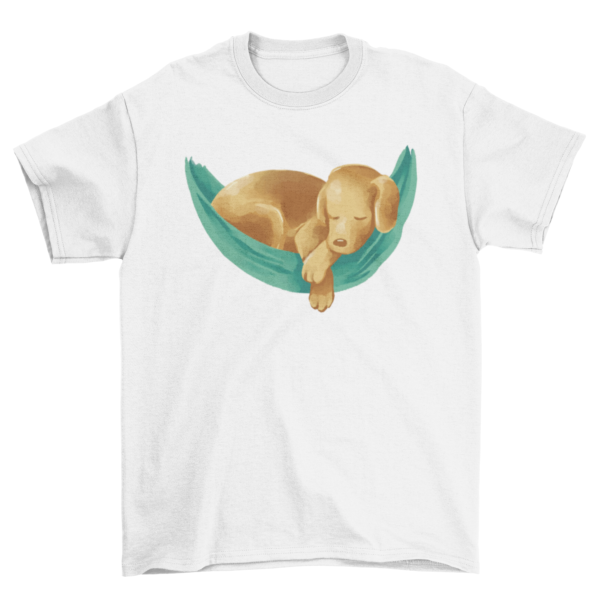 A golden labrador dog relaxing in a hammock, featured on a stylish t-shirt.