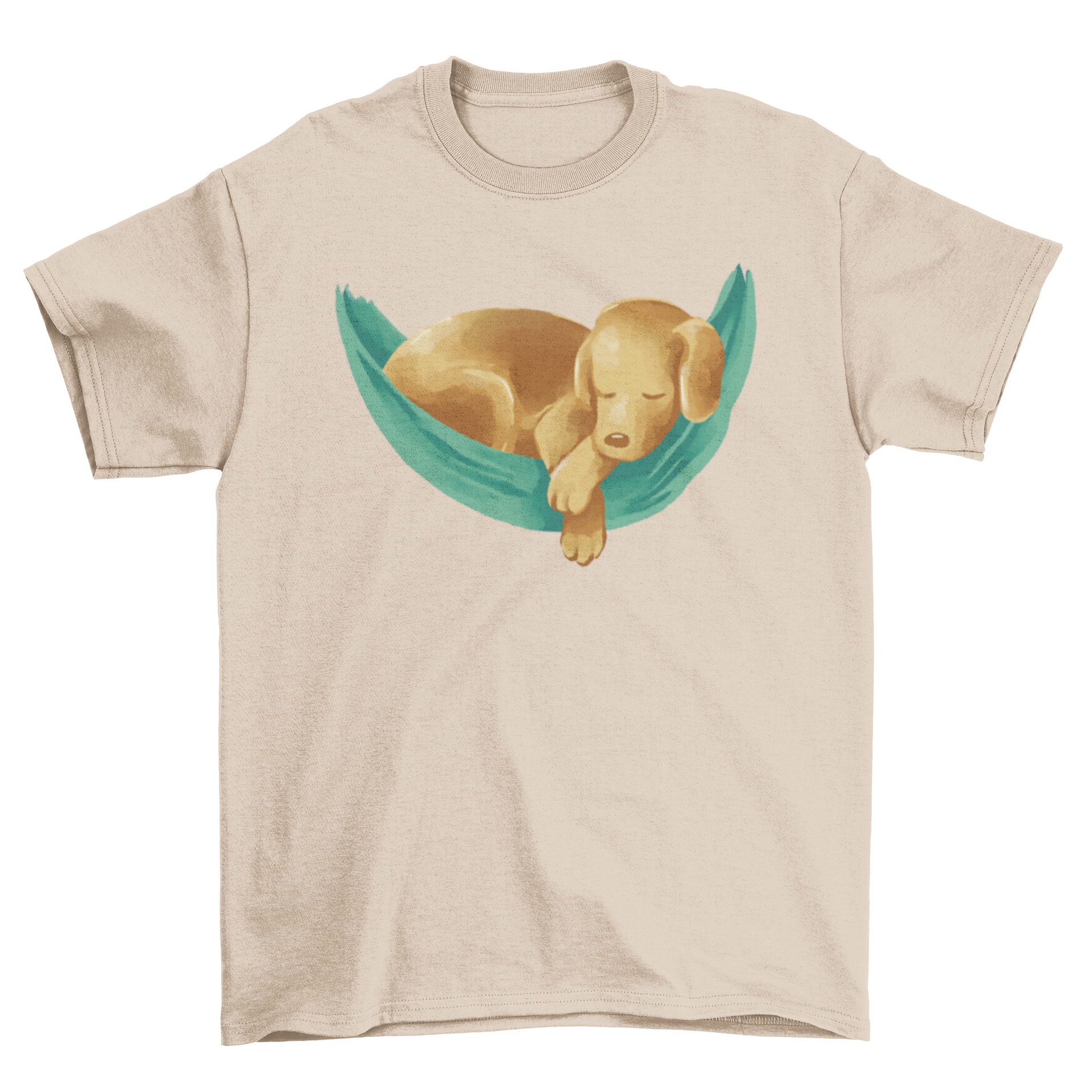 A golden labrador dog relaxing in a hammock, featured on a stylish t-shirt.