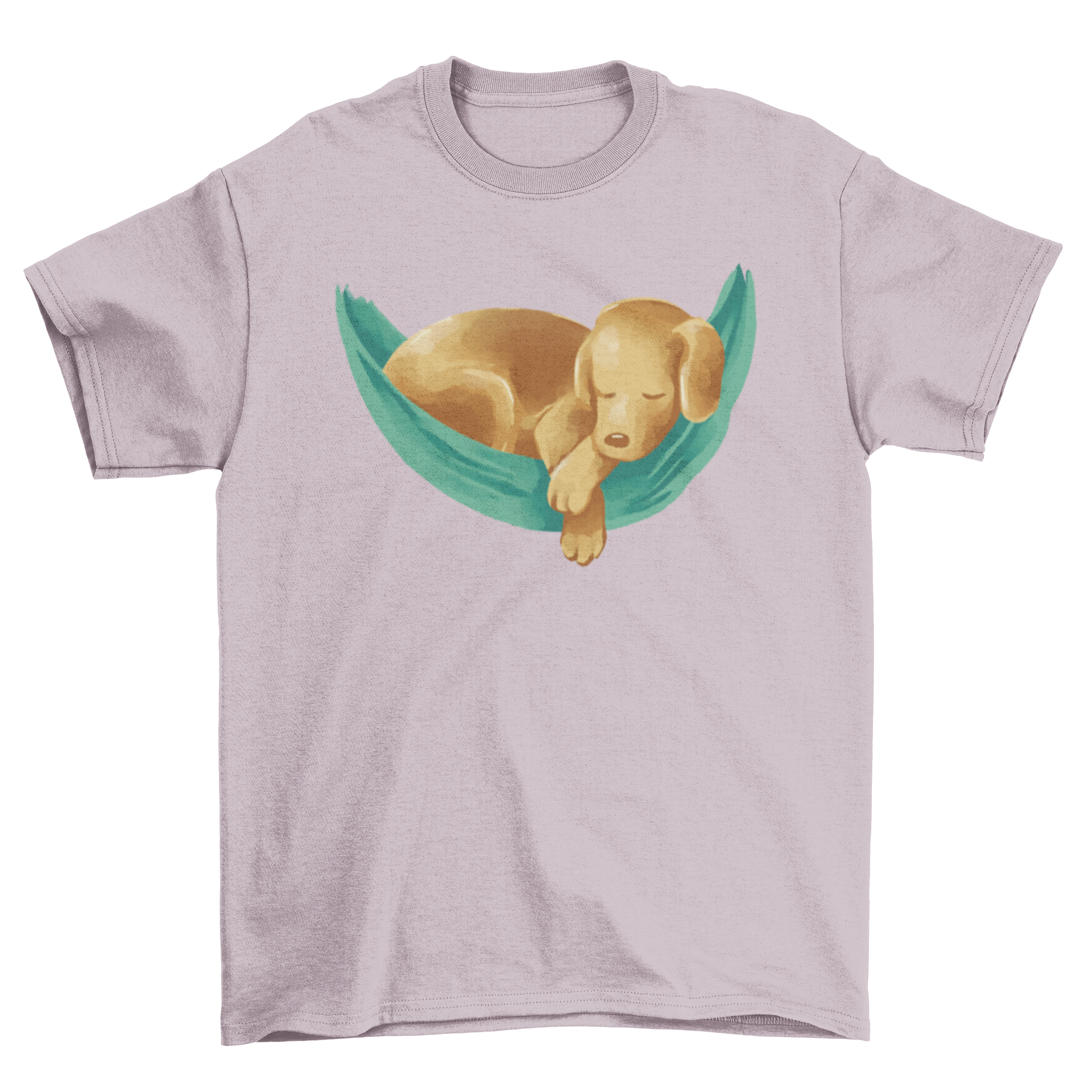 A golden labrador dog relaxing in a hammock, featured on a stylish t-shirt.