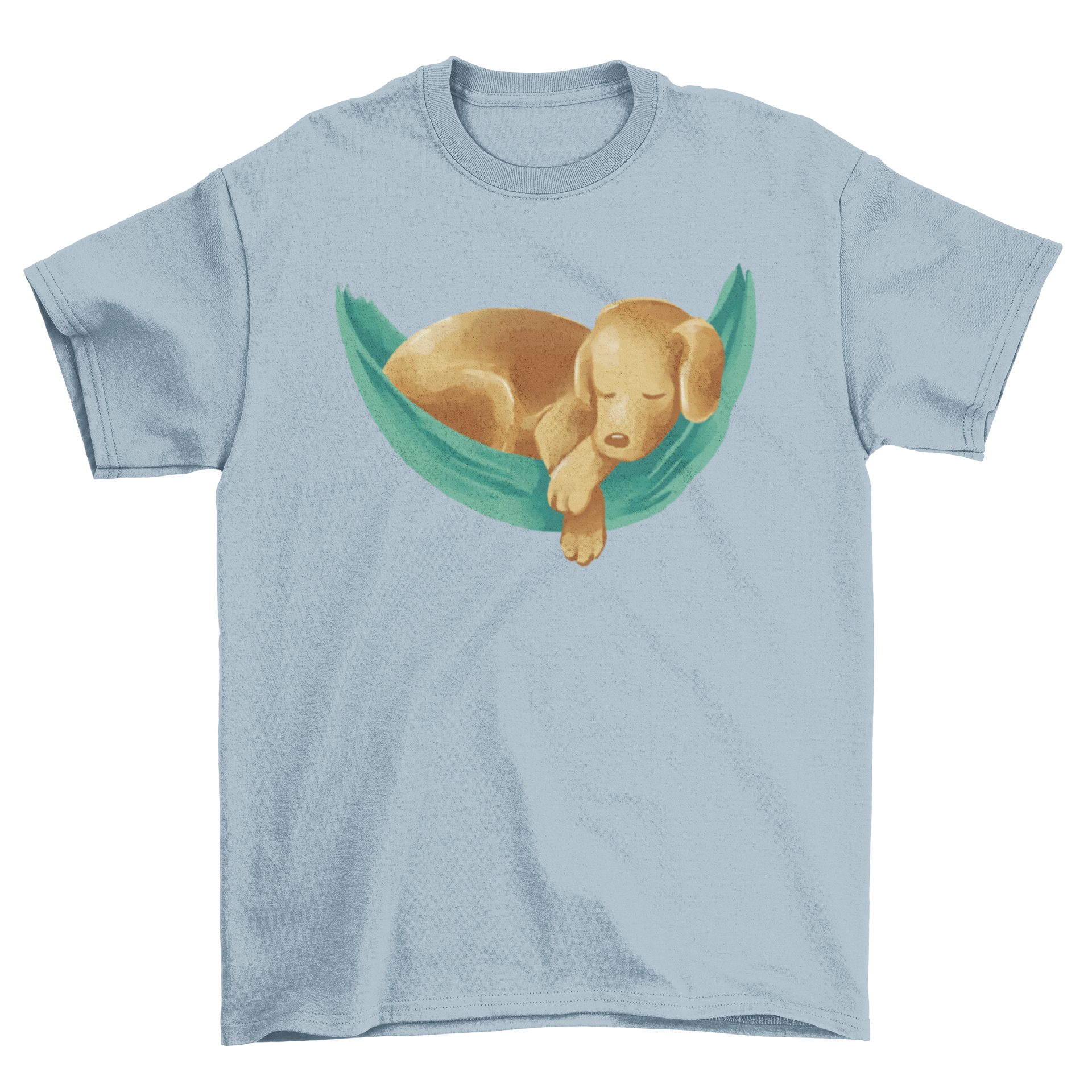 A golden labrador dog relaxing in a hammock, featured on a stylish t-shirt.