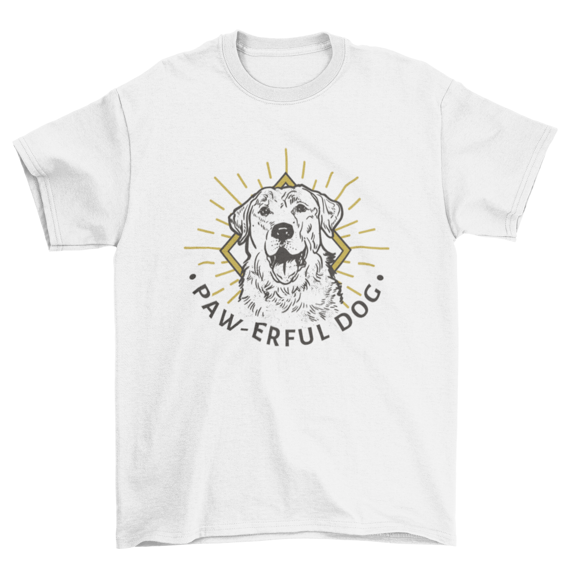 Hand-drawn t-shirt featuring a golden retriever and the quote 'Paw-erful dog'.