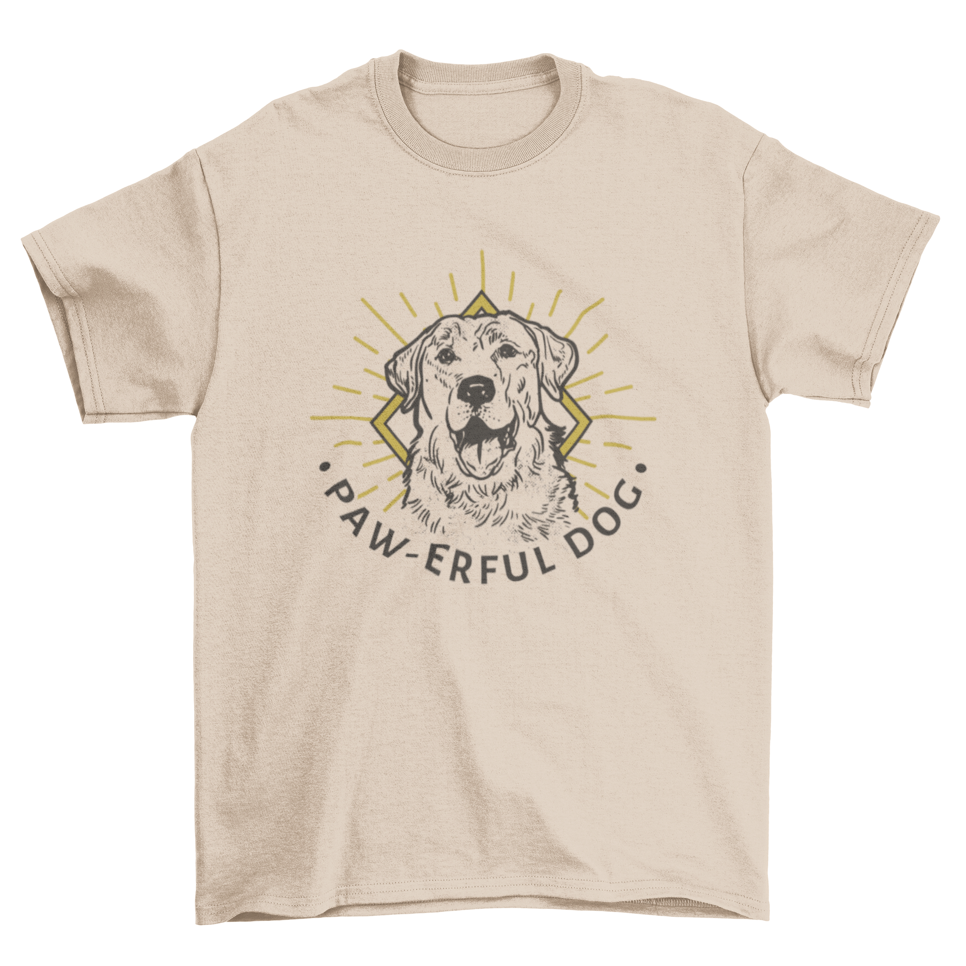 Hand-drawn t-shirt featuring a golden retriever and the quote 'Paw-erful dog'.