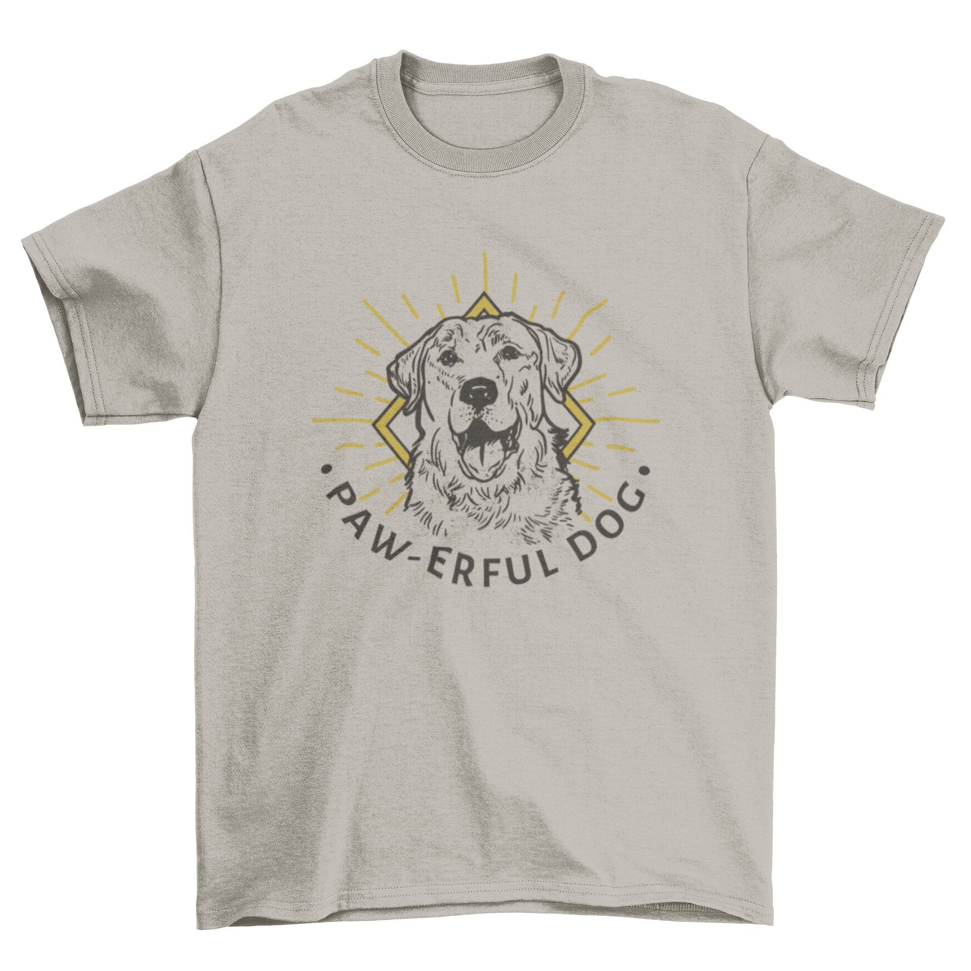 Hand-drawn t-shirt featuring a golden retriever and the quote 'Paw-erful dog'.